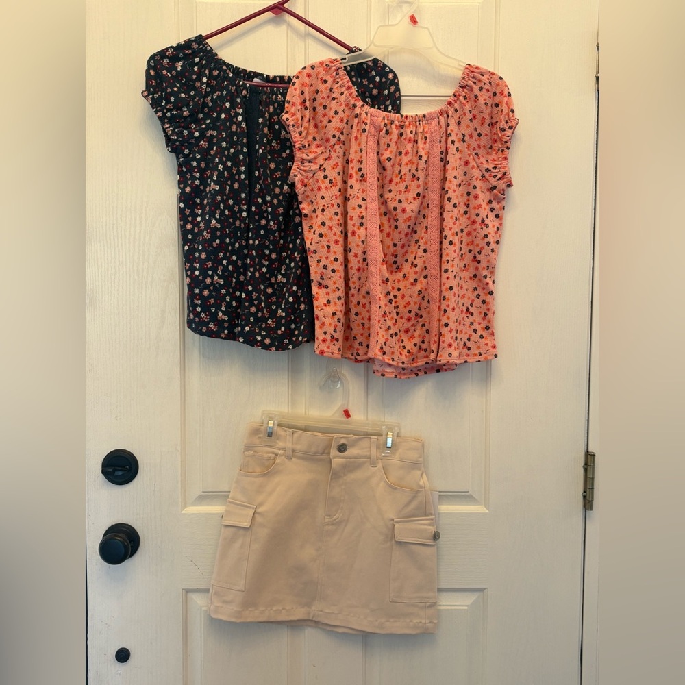 Floral Blouse and Tan Skirt Set, 2 tops 1 skirt size girls 10/12 bundle lot